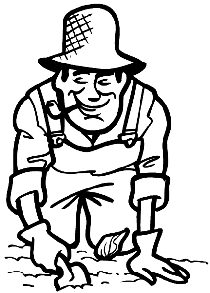 Man on knees working garden vinyl decal. Customize on line. Gardening 045-0211